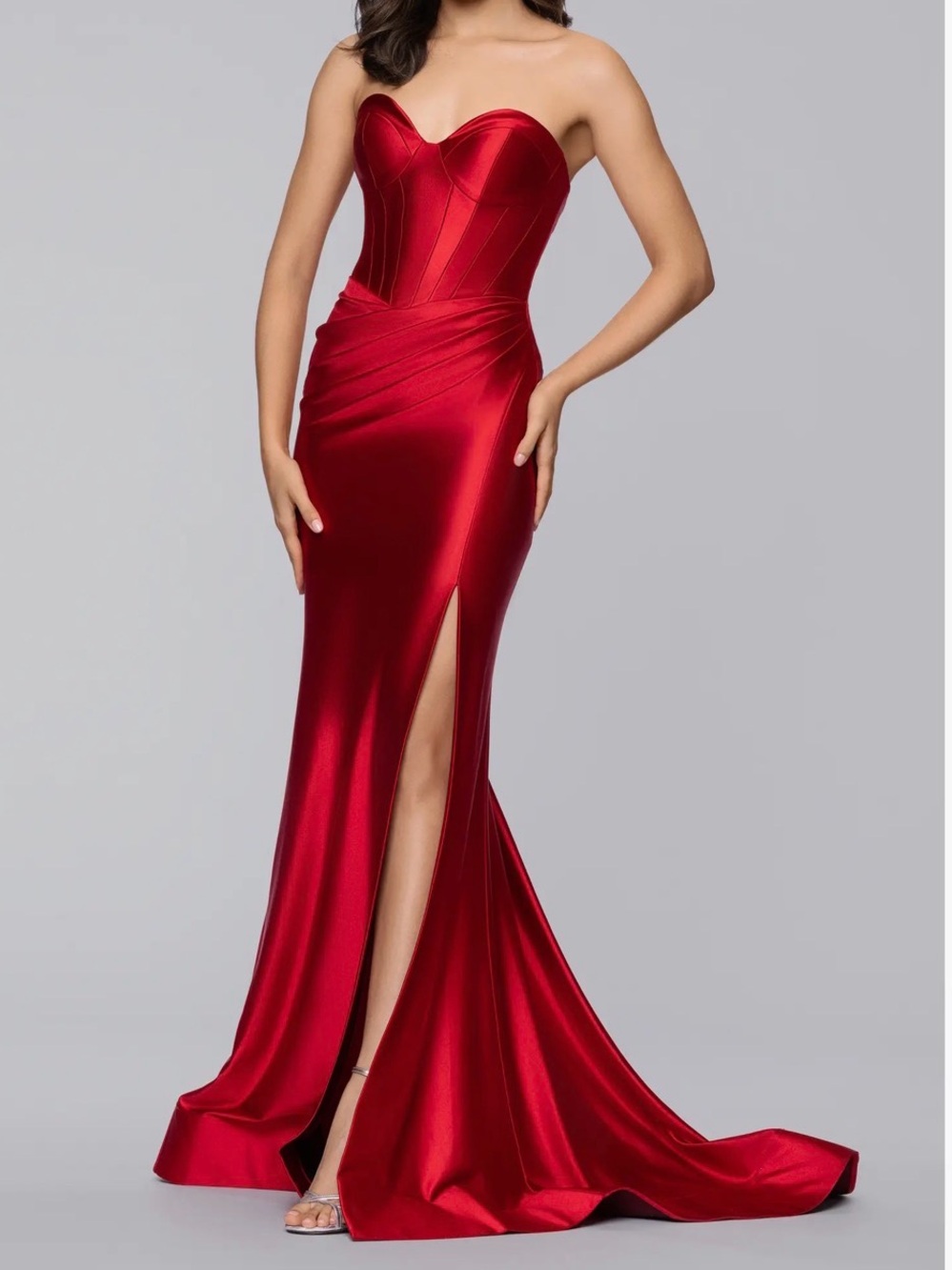Blondie Nites Red Satin Backless Evening Dress
